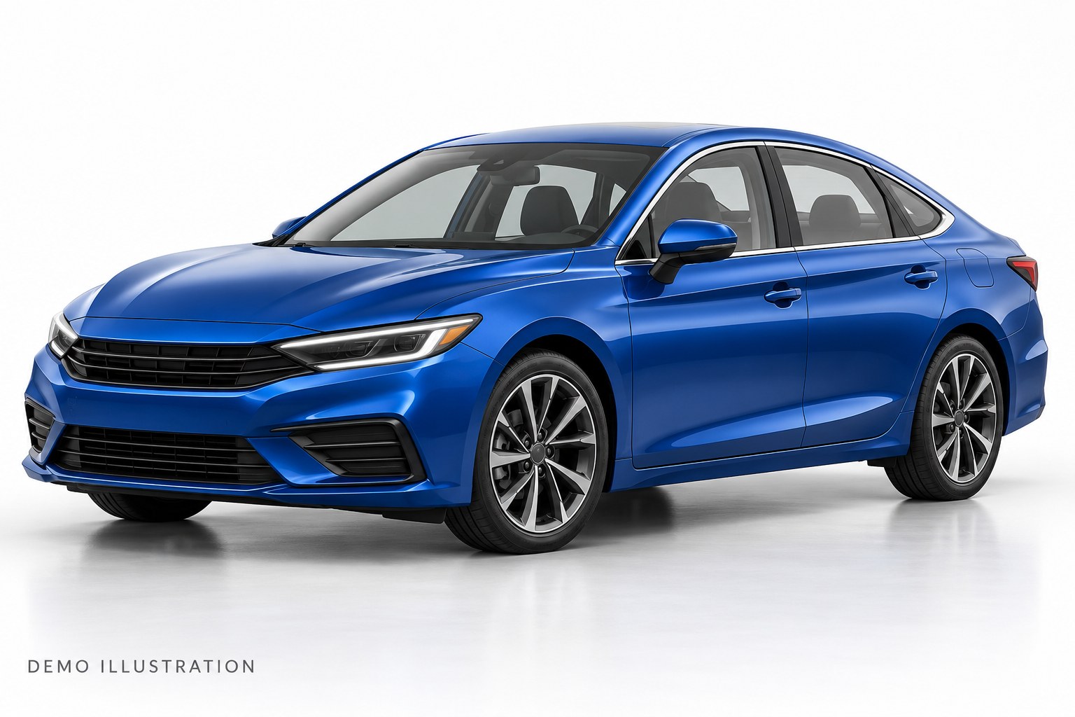 DEMO ILLUSTRATION — generic sedan Front three-quarter view; not an actual inventory photograph