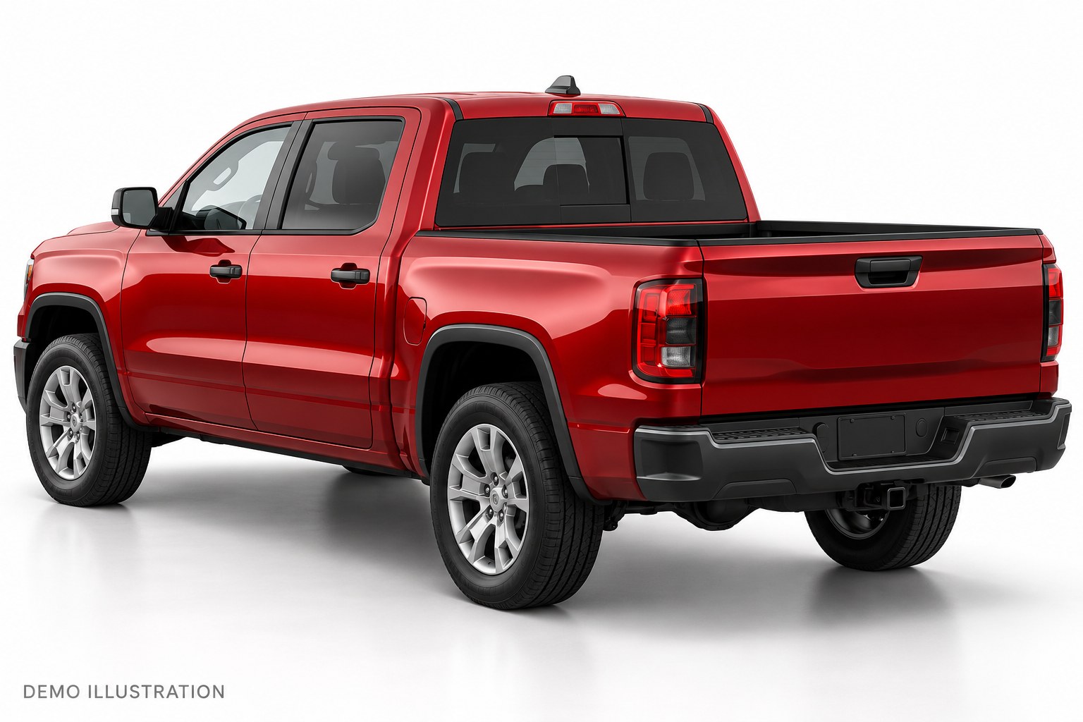 DEMO ILLUSTRATION — generic pickup Rear three-quarter view; not an actual inventory photograph
