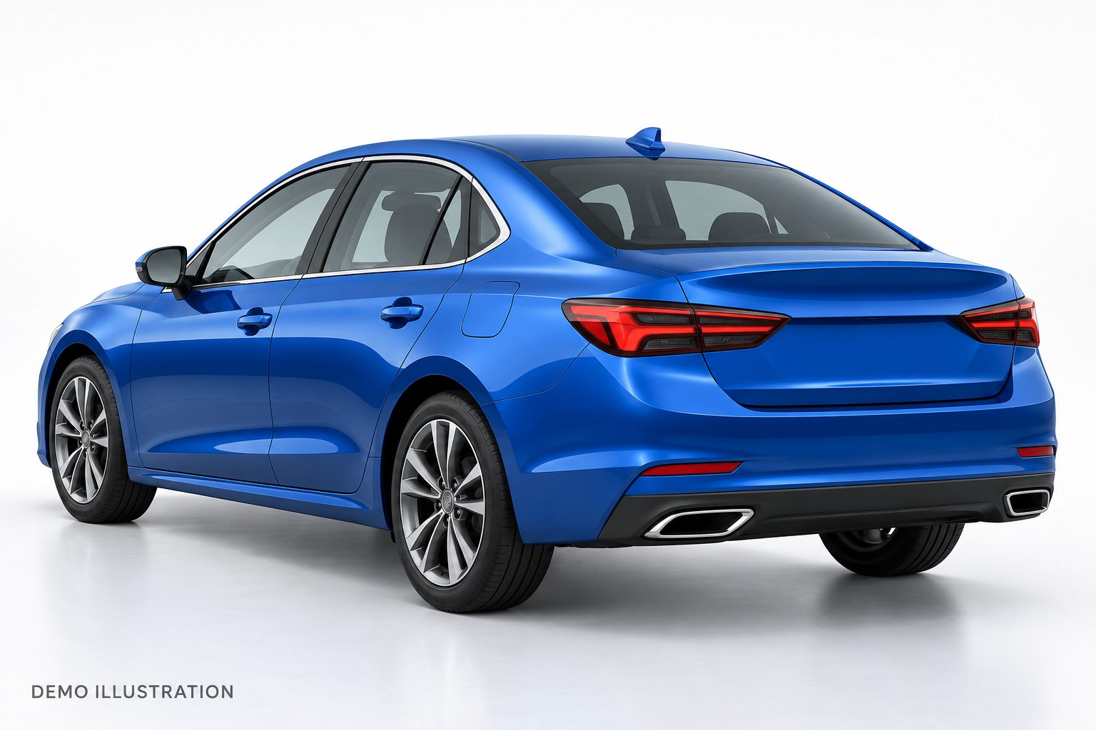 DEMO ILLUSTRATION — generic sedan Rear three-quarter view; not an actual inventory photograph