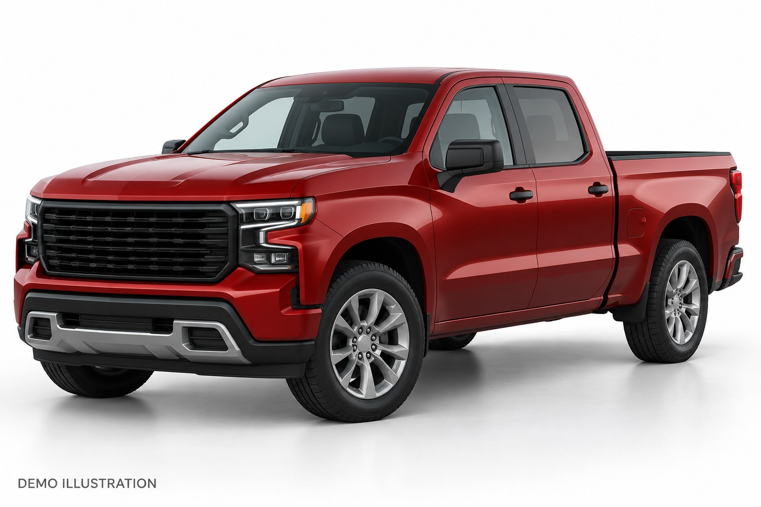 DEMO ILLUSTRATION — generic pickup Front three-quarter; reused illustration, not an actual Chevrolet Silverado 1500 photo